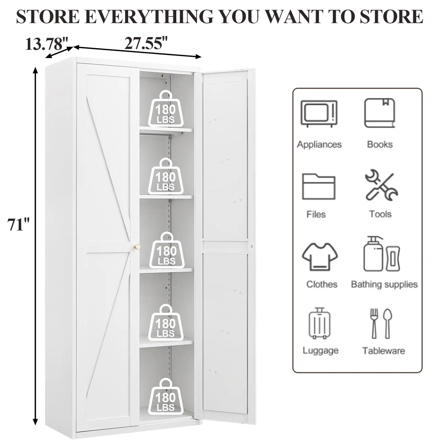 Greatmeet Metal Kitchen Pantry Storage Cabinet with 2 Doors & Adjustable Shelves, Tall Cupboard for Kitchen, Dining Room, Bathroom & Living Room