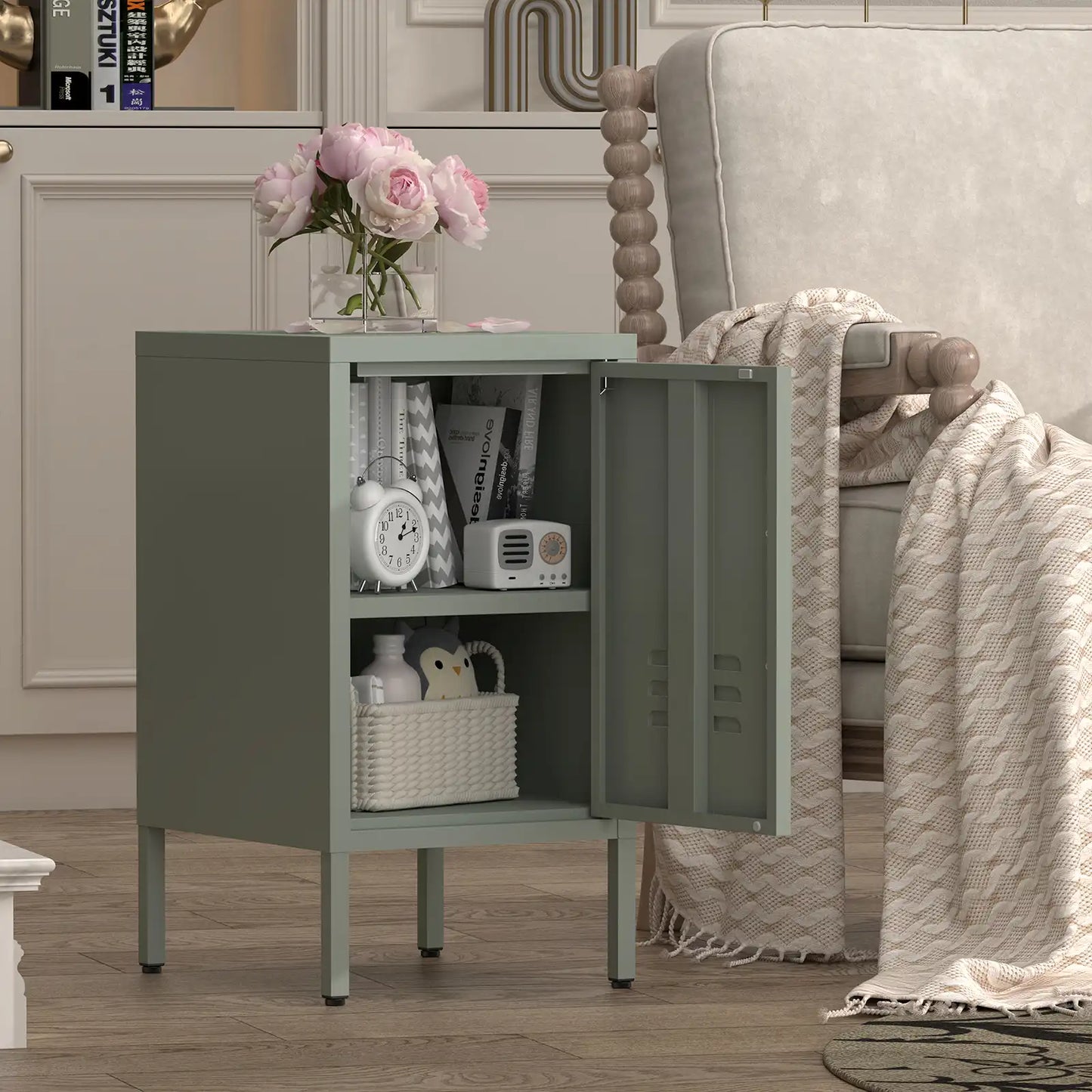 Greatmeet Metal Nightstand with Shelf, Single Door Storage Cabinet, Multifunctional Table for Bedroom, Living Room, Office