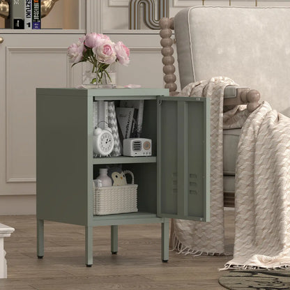 Greatmeet Metal Nightstand with Shelf, Single Door Storage Cabinet, Multifunctional Table for Bedroom, Living Room, Office