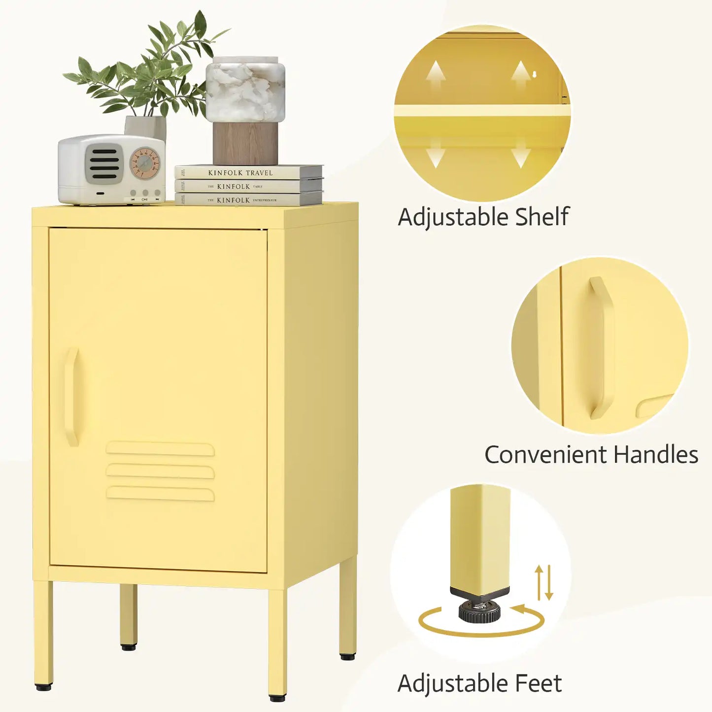 Greatmeet Metal Nightstand with Shelf, Single Door Storage Cabinet, Multifunctional Table for Bedroom, Living Room, Office