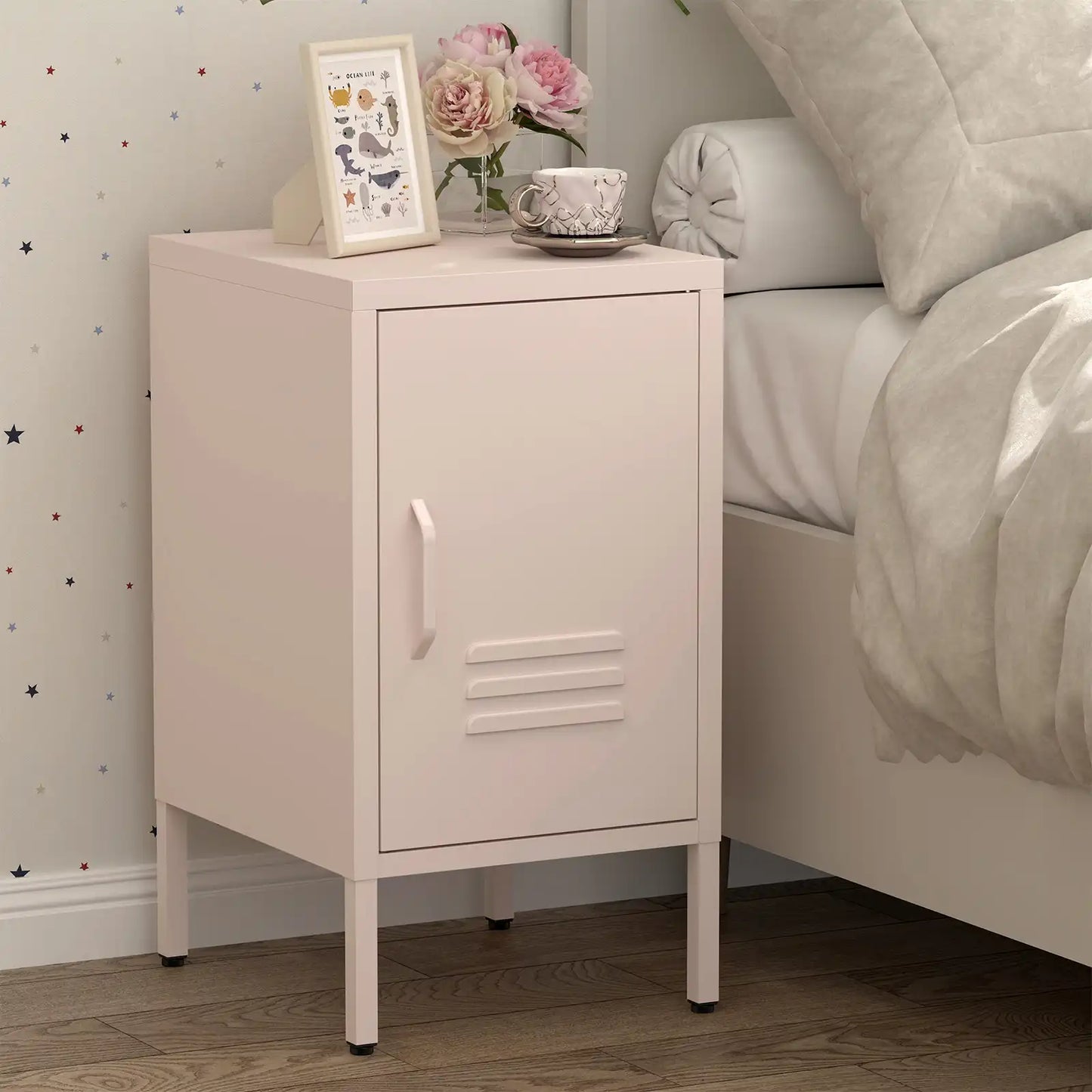 Greatmeet Metal Nightstand with Shelf, Single Door Storage Cabinet, Multifunctional Table for Bedroom, Living Room, Office