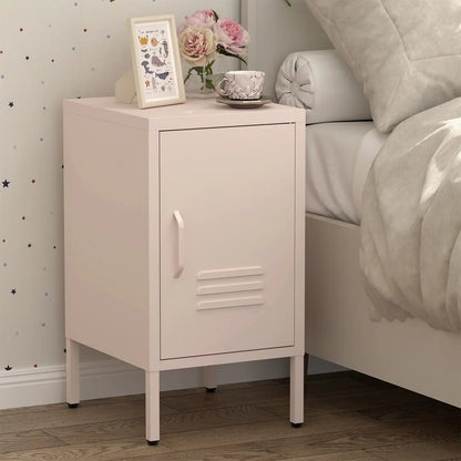 Greatmeet Metal Nightstand with Shelf, Single Door Storage Cabinet, Multifunctional Table for Bedroom, Living Room, Office