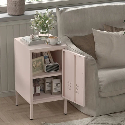Greatmeet Metal Nightstand with Shelf, Single Door Storage Cabinet, Multifunctional Table for Bedroom, Living Room, Office