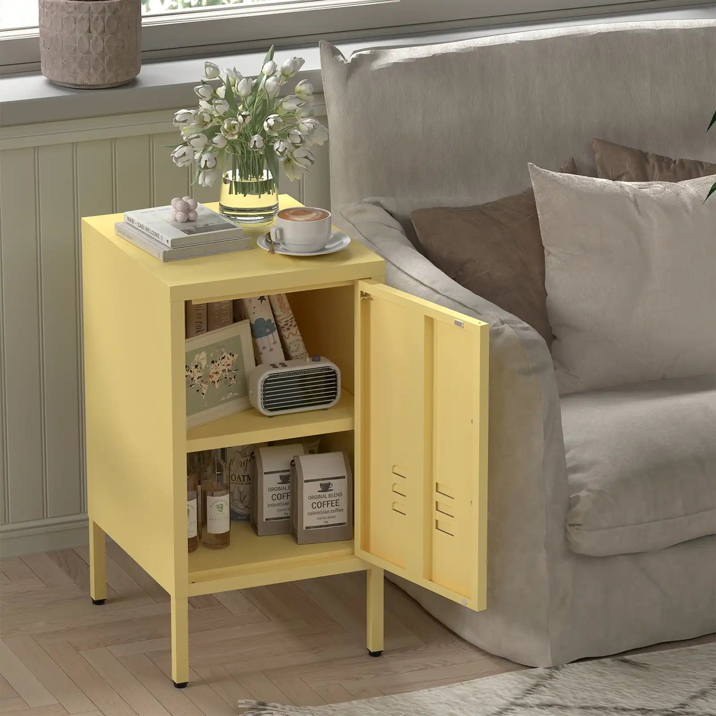 Greatmeet Metal Nightstand with Shelf, Single Door Storage Cabinet, Multifunctional Table for Bedroom, Living Room, Office