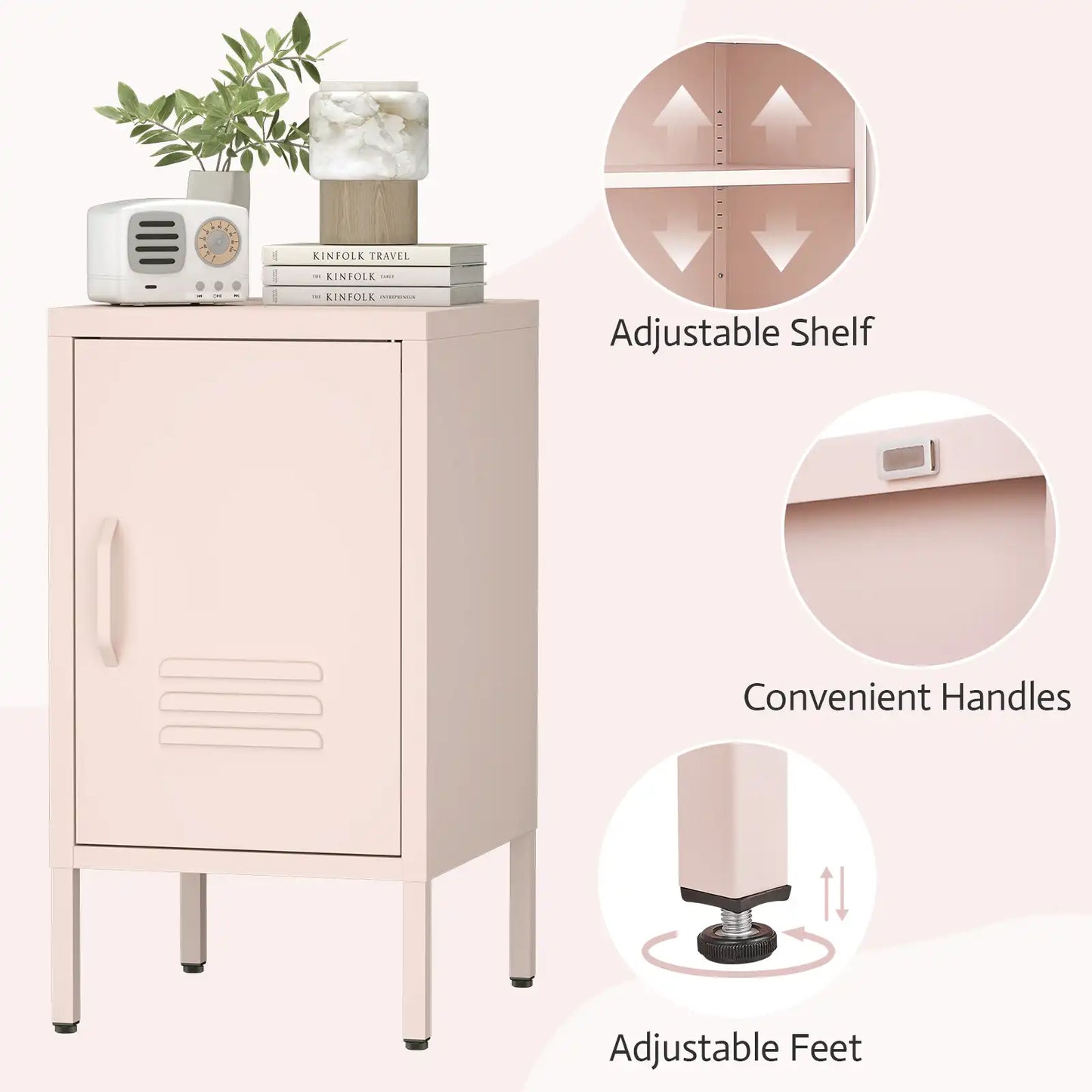 Greatmeet Metal Nightstand with Shelf, Single Door Storage Cabinet, Multifunctional Table for Bedroom, Living Room, Office