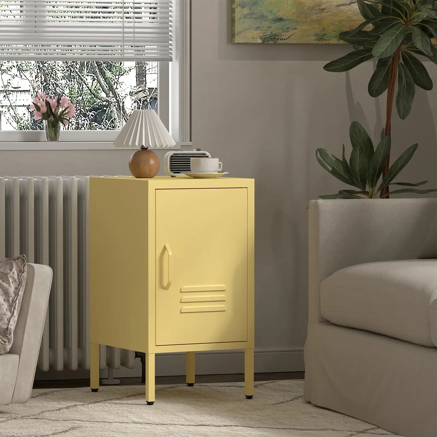Greatmeet Metal Nightstand with Shelf, Single Door Storage Cabinet, Multifunctional Table for Bedroom, Living Room, Office