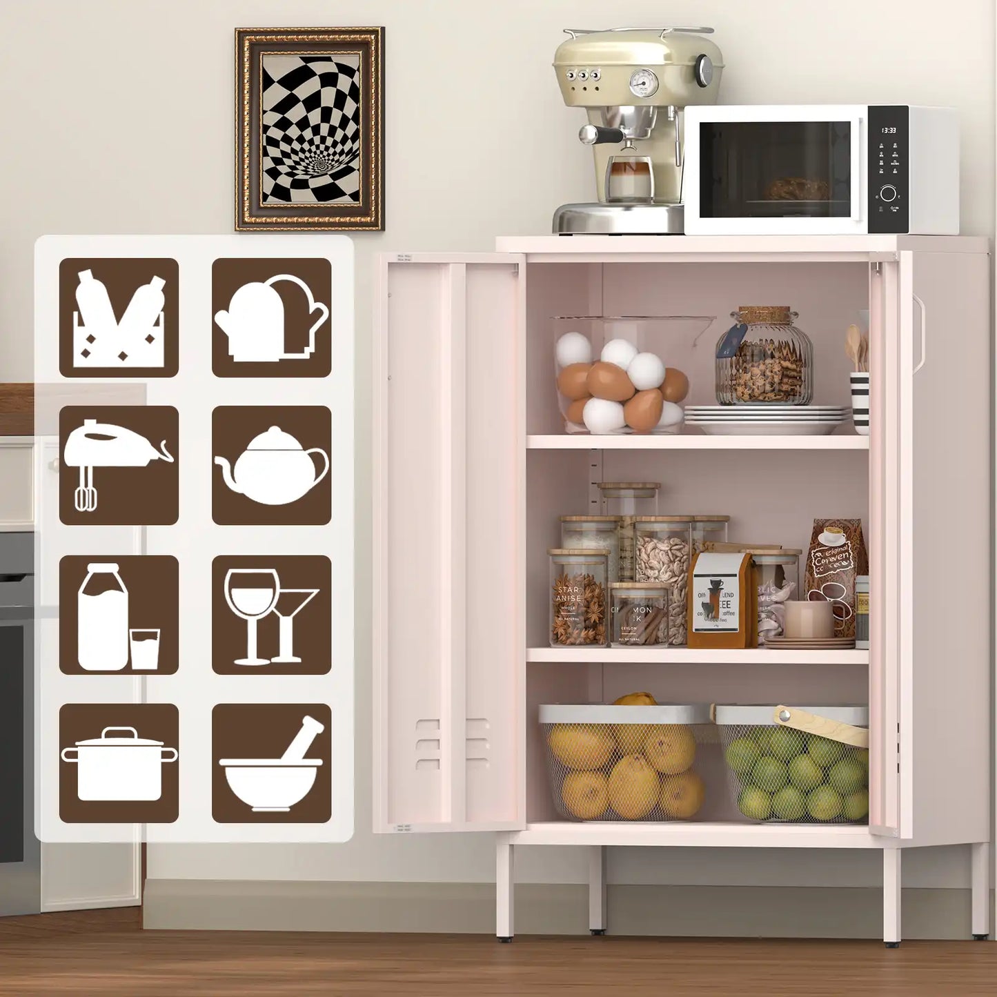 Geatmeet Metal Storage Cabinet,Storage Cabinet with 2 Doors and Adjustable Shelves, Locker Cabinet with legs for Tools, Kitchen & Office