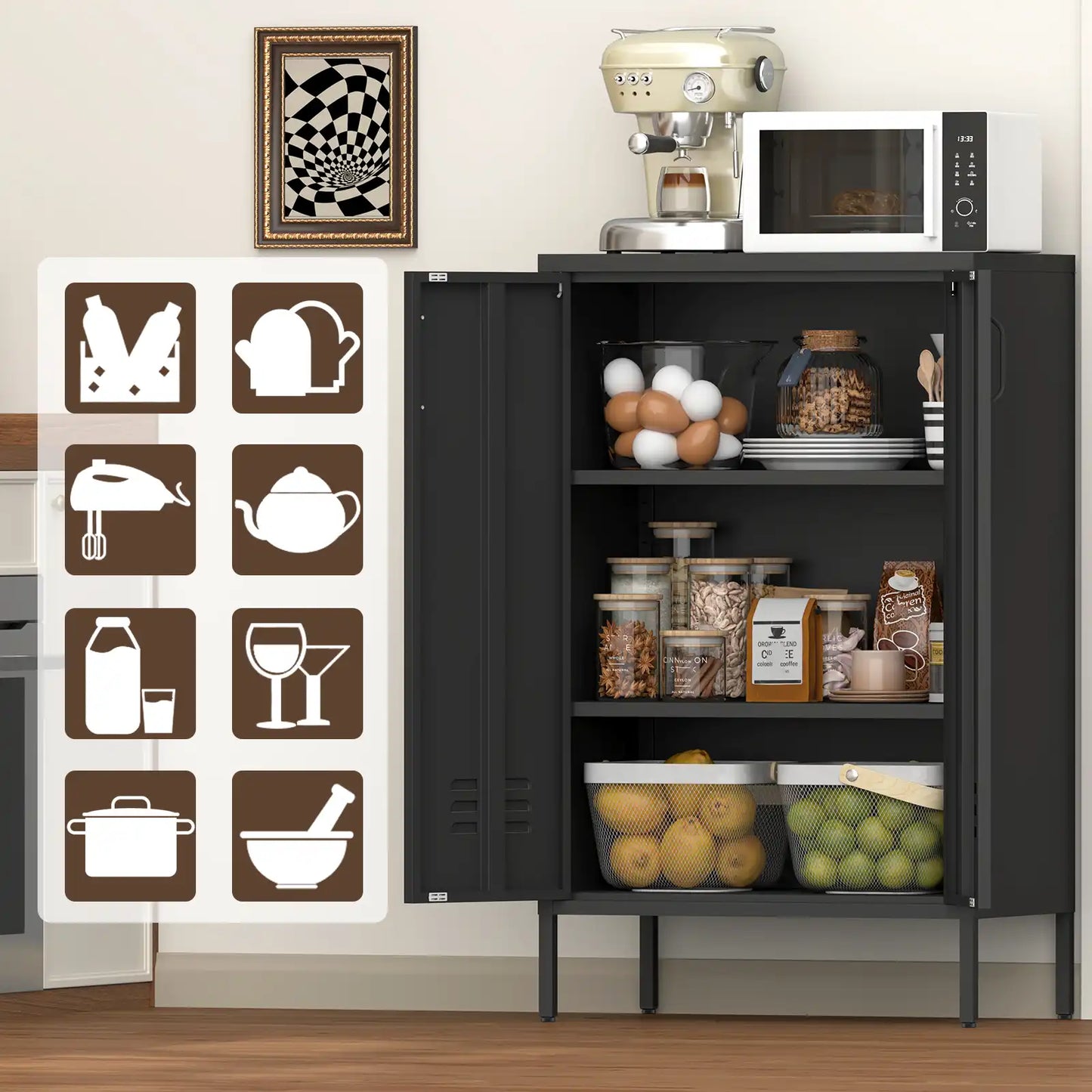 Geatmeet Metal Storage Cabinet,Storage Cabinet with 2 Doors and Adjustable Shelves, Locker Cabinet with legs for Tools, Kitchen & Office