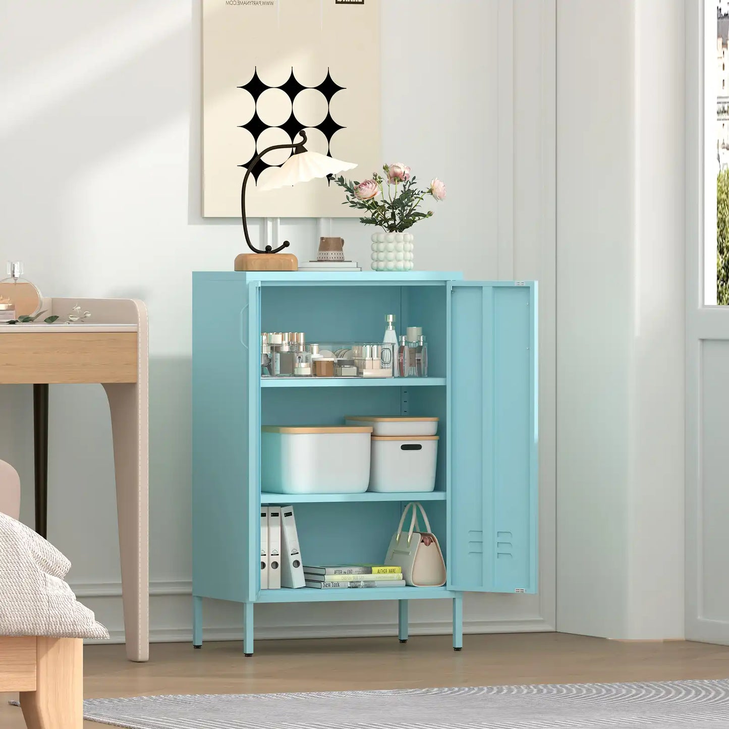 Geatmeet Metal Storage Cabinet,Storage Cabinet with 2 Doors and Adjustable Shelves, Locker Cabinet with legs for Tools, Kitchen & Office