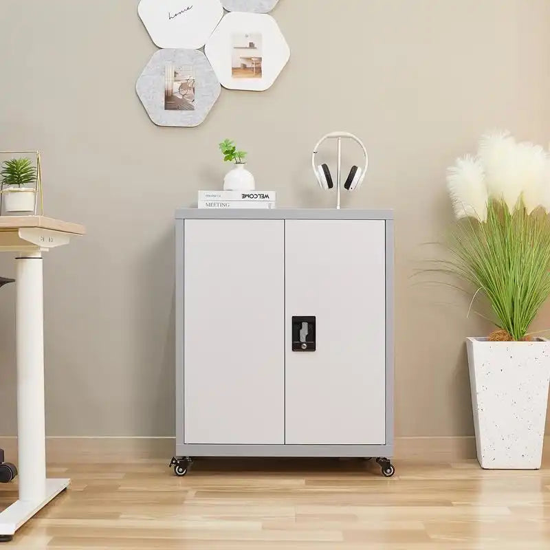 Metal Storage Cabinet with Wheels 5 #grey-white