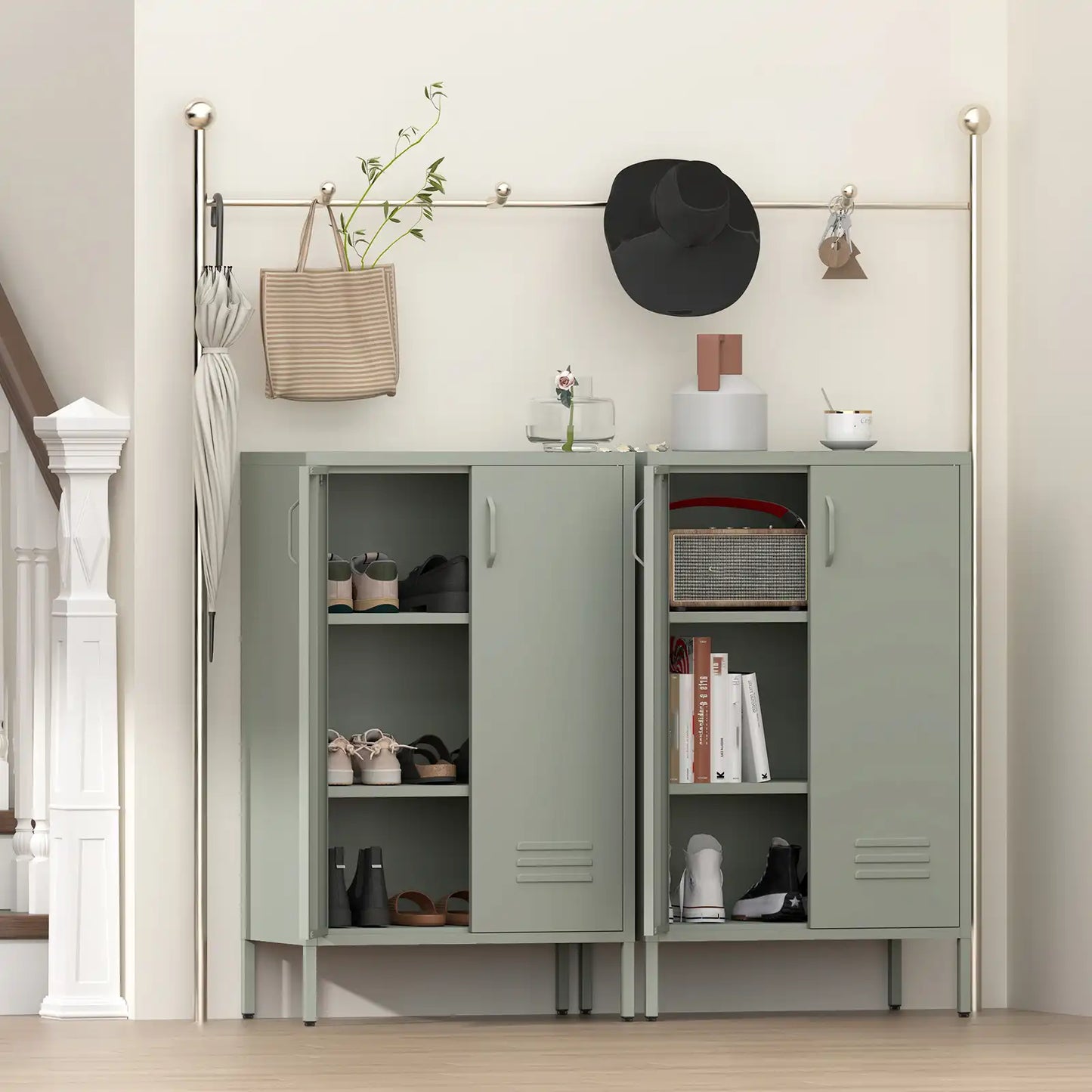 Geatmeet Metal Storage Cabinet,Storage Cabinet with 2 Doors and Adjustable Shelves, Locker Cabinet with legs for Tools, Kitchen & Office