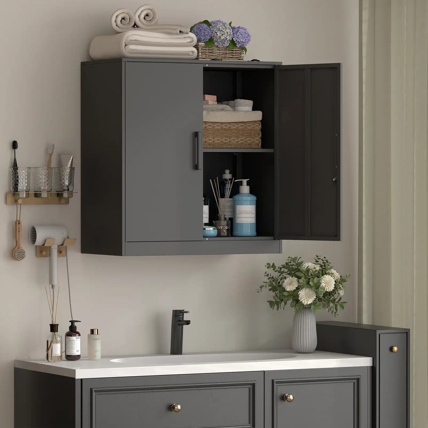 Greatmeet Metal Wall Mounted Cabinet, Lockable Garage Cabinet with Adjustable Shelves, Steel Tool Cabinet for Home, Bathroom,Kitchen, Office
