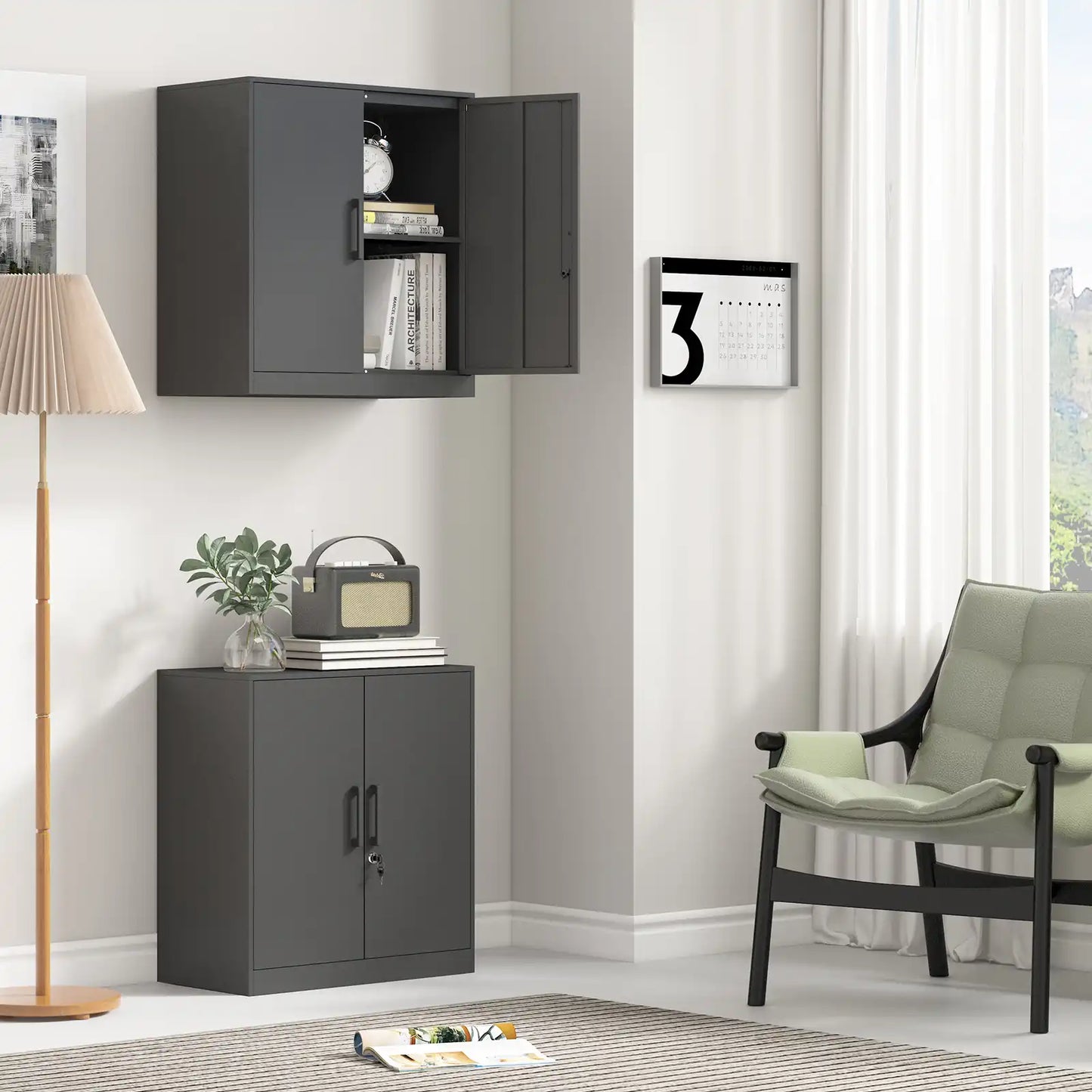 Greatmeet Metal Wall Mounted Cabinet, Lockable Garage Cabinet with Adjustable Shelves, Steel Tool Cabinet for Home, Bathroom,Kitchen, Office