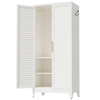 Greatmeet 71" H Metal Armoire Wardrobe Closet with Louvered Doors, Adjustable Shelves & Hanging Rod