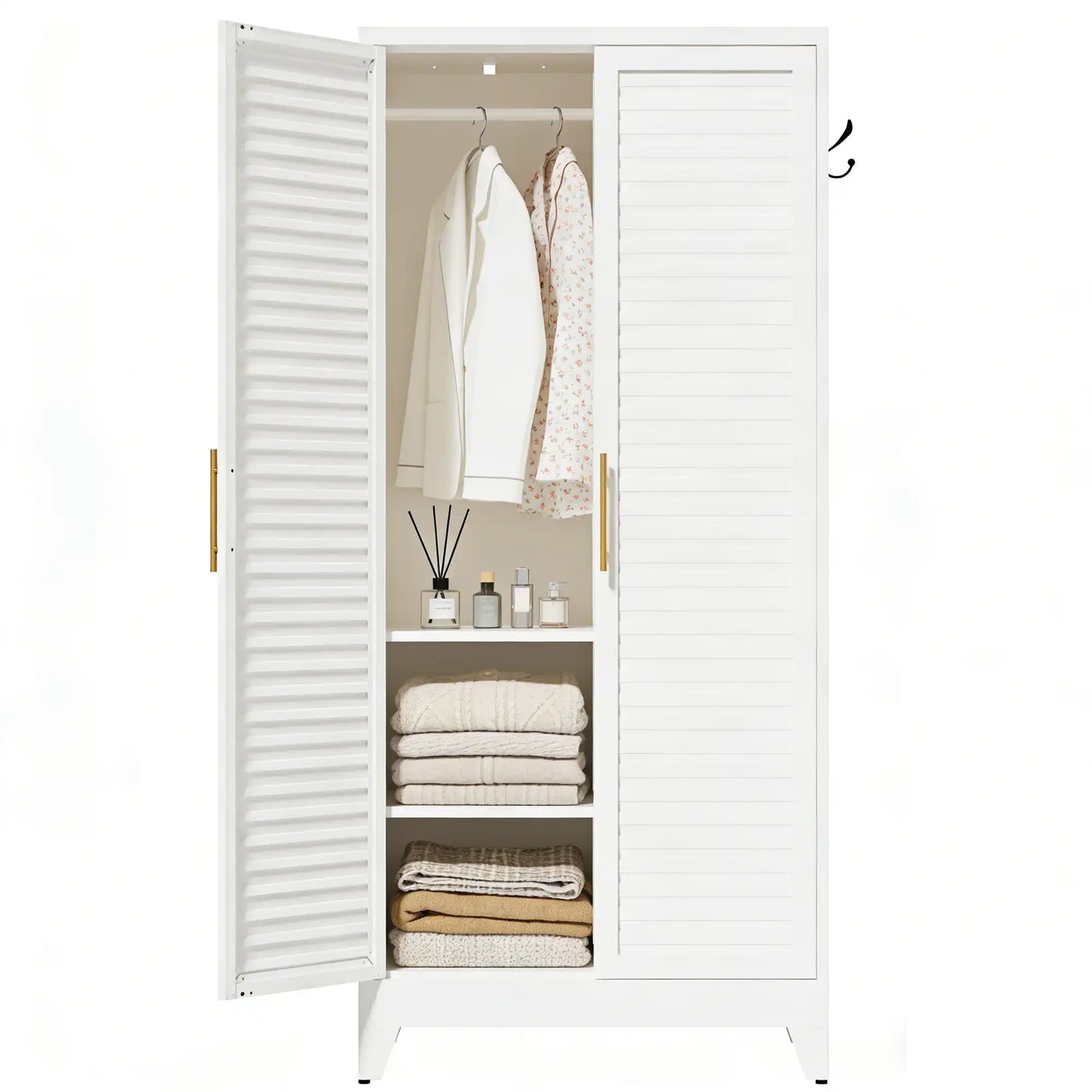 Greatmeet 71" H Metal Armoire Wardrobe Closet with Louvered Doors, Adjustable Shelves & Hanging Rod