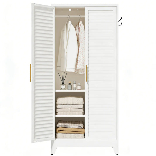 Greatmeet 71" H Metal Armoire Wardrobe Closet with Louvered Doors, Adjustable Shelves & Hanging Rod