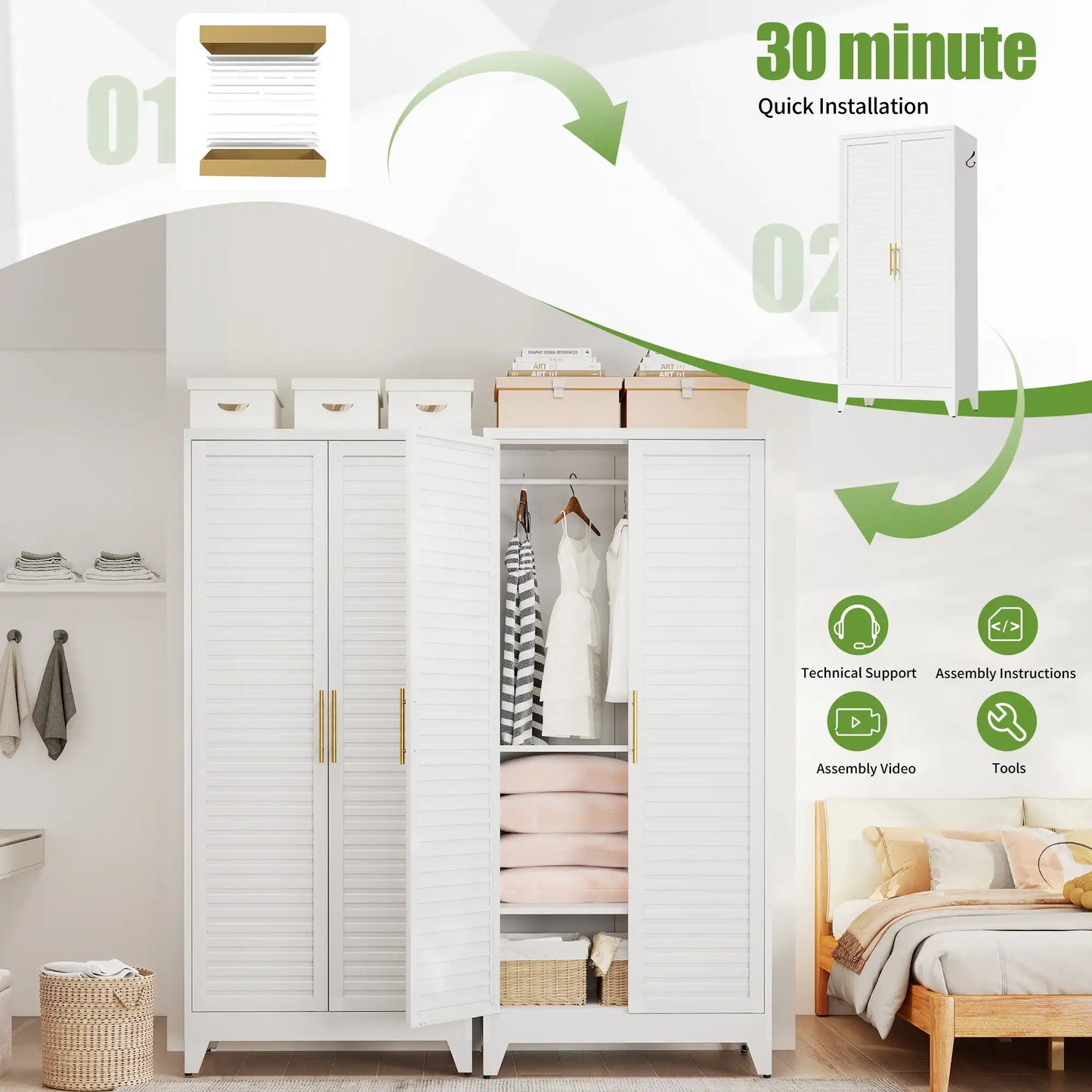 Greatmeet 71" H Metal Armoire Wardrobe Closet with Louvered Doors, Adjustable Shelves & Hanging Rod
