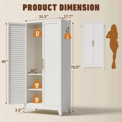 Greatmeet 71" H Metal Armoire Wardrobe Closet with Louvered Doors, Adjustable Shelves & Hanging Rod