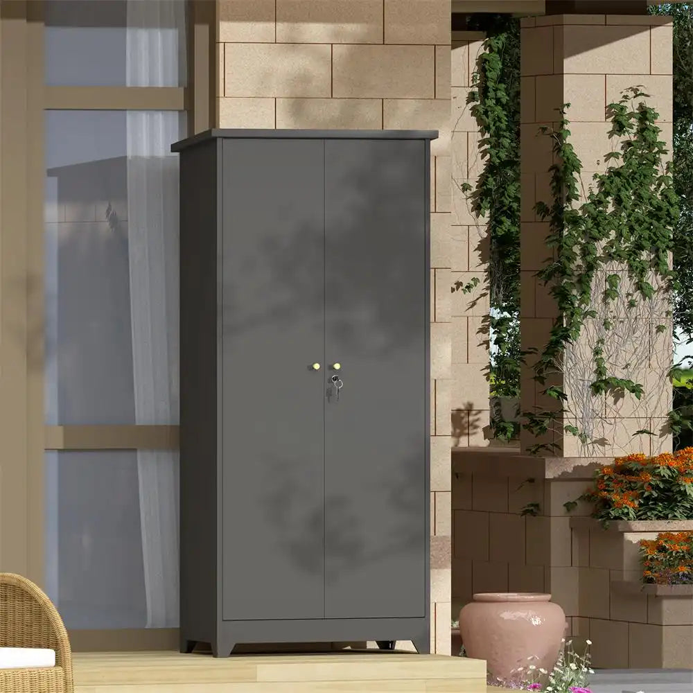Modern Grey Outdoor Tool Storage Locker Placed Against Wall on Backyard Patio Deck