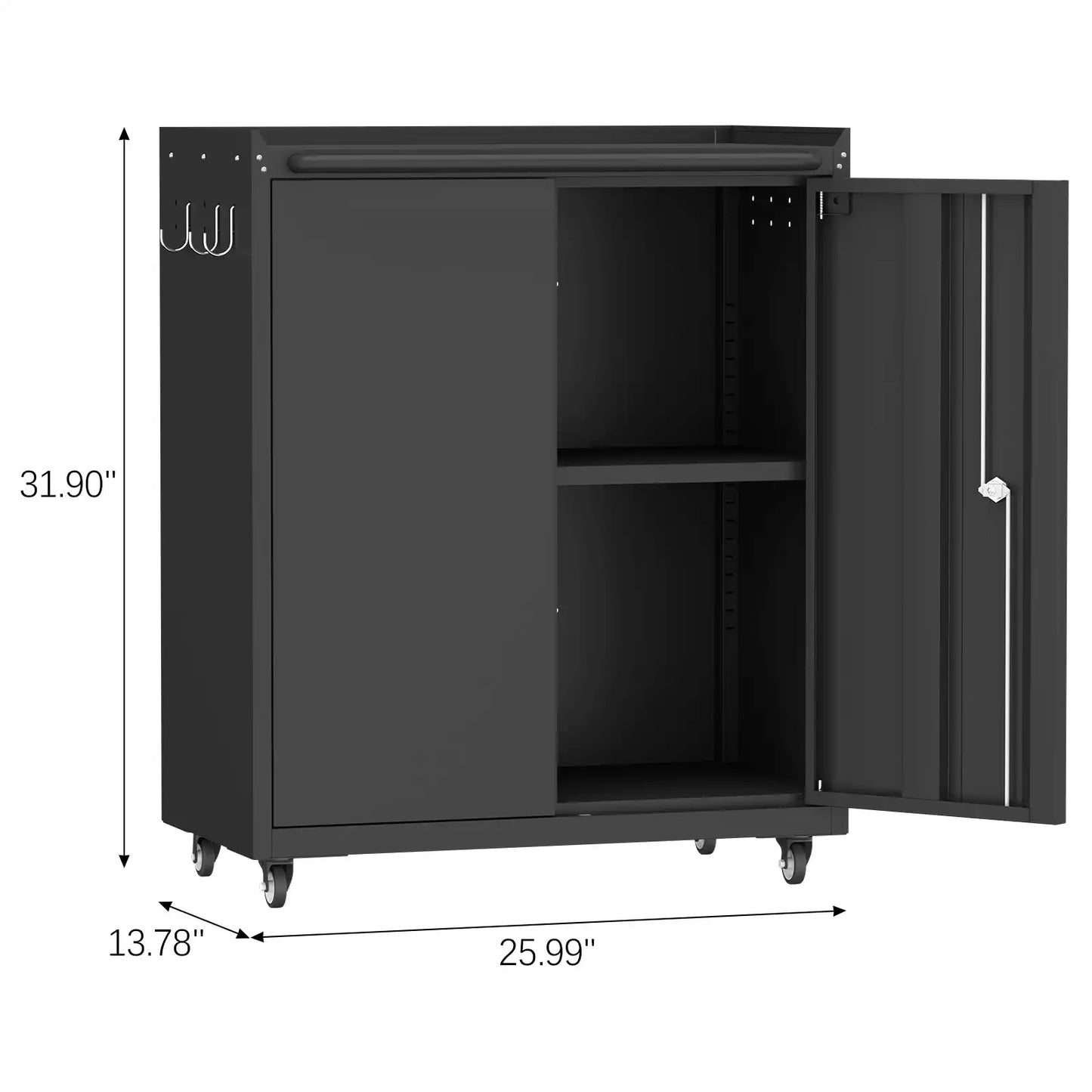 Greatmeet Rolling Metal Garage Storage Cabinet with Locking Wheels, Heavy-Duty Mobile Tool Cabinet with Adjustable Shelf & Side Hooks for Workshop Organization