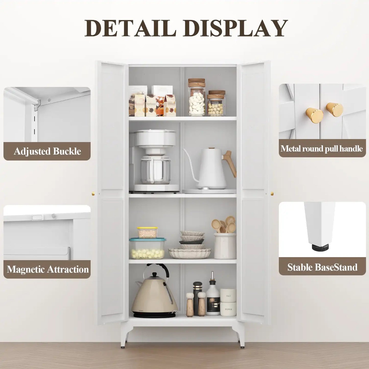 Greatmeet Metal Kitchen Pantry Storage Cabinet with 2 Doors & Adjustable Shelves, Tall Cupboard for Kitchen, Dining Room, Bathroom & Living Room