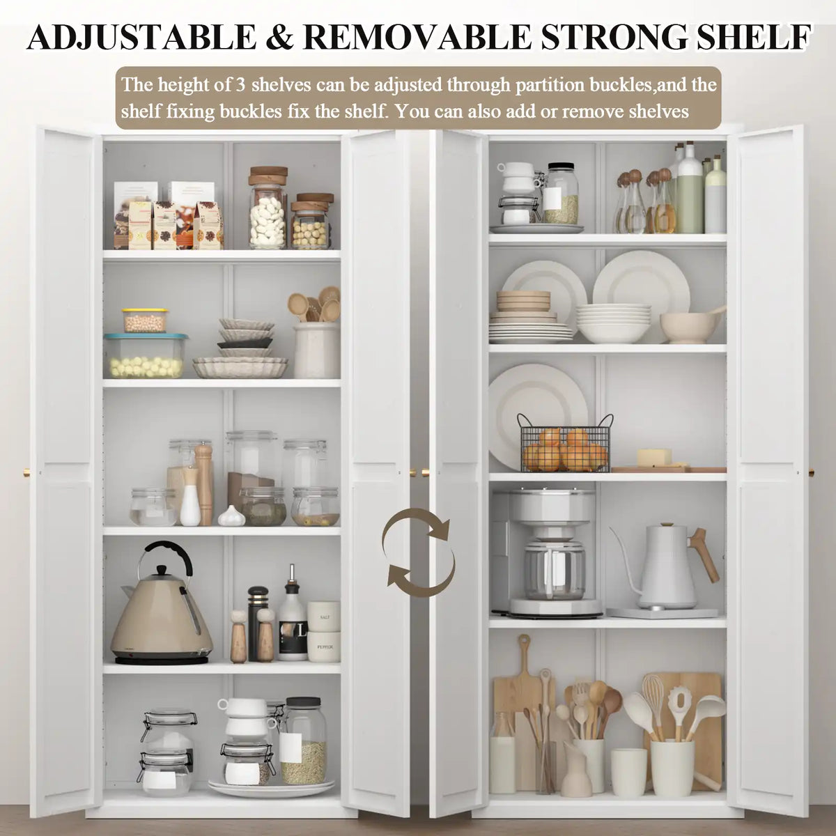 Steel Storage Cabinet Open View Showing Adjustable Shelves with Kitchen Supplies #white #tall