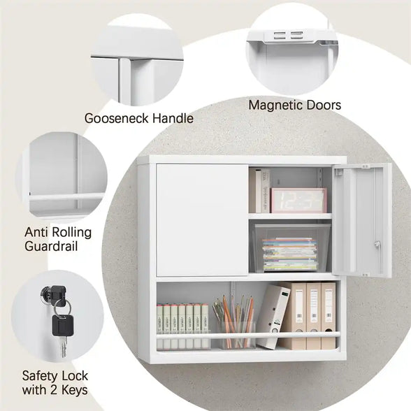 GREATMEET Wall Mounted Metal Storage Cabinet with Doors and Shelves – 31"H Garage Utility Organizer
