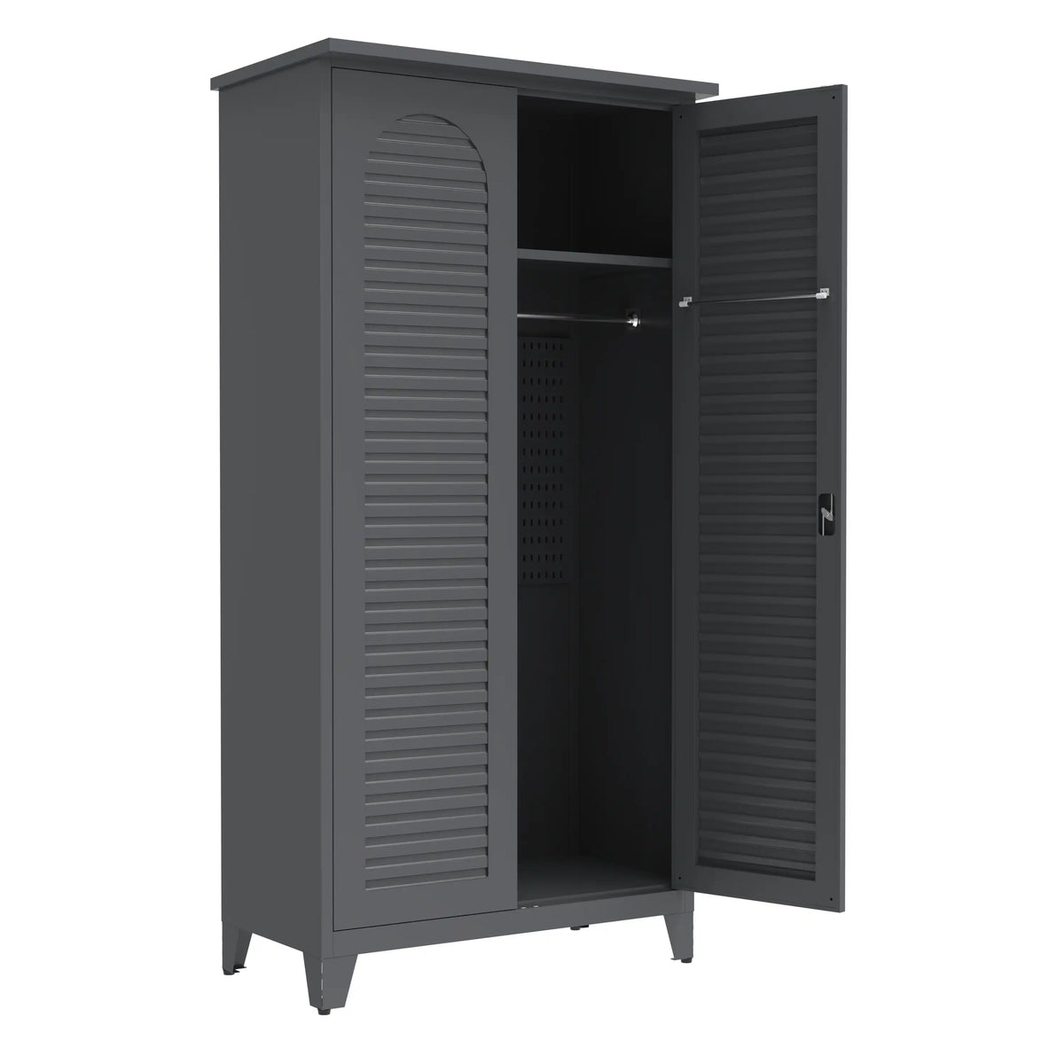 Tall Metal Storage Cabinet for Garden with Open Doors Showing Interior Shelves and Hanging Bar #grey #17.7D