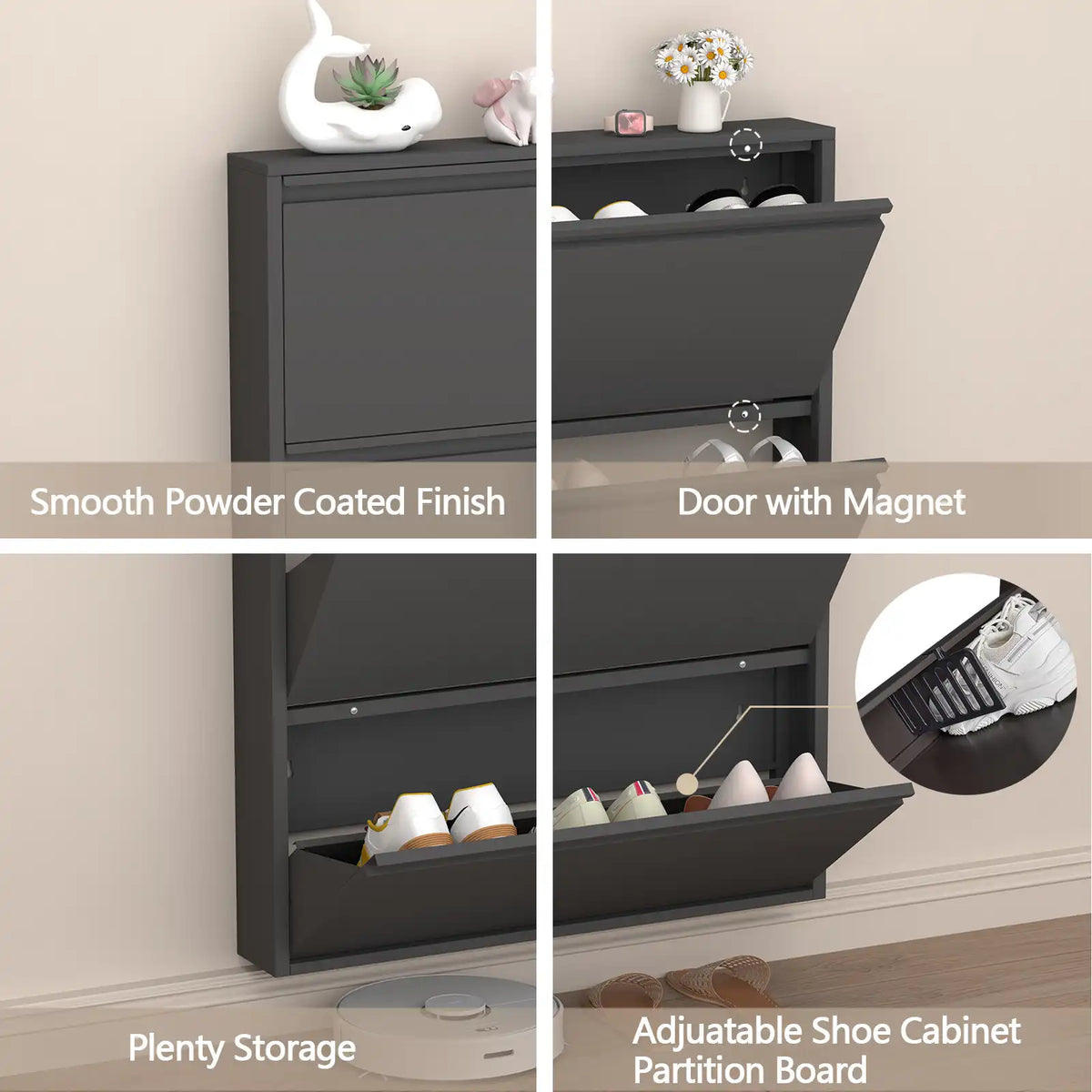 Wall Mount Metal Shoe Organizer for Entryway 14 flip drawers