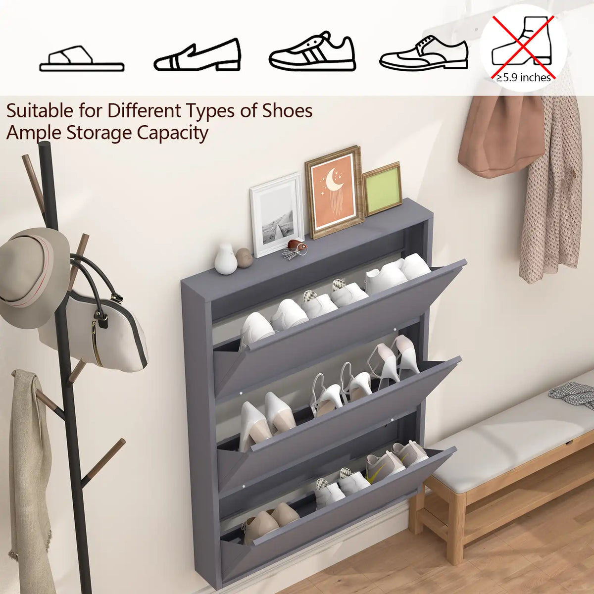 Wall Mount Metal Shoe Organizer for Entryway 17 flip drawers