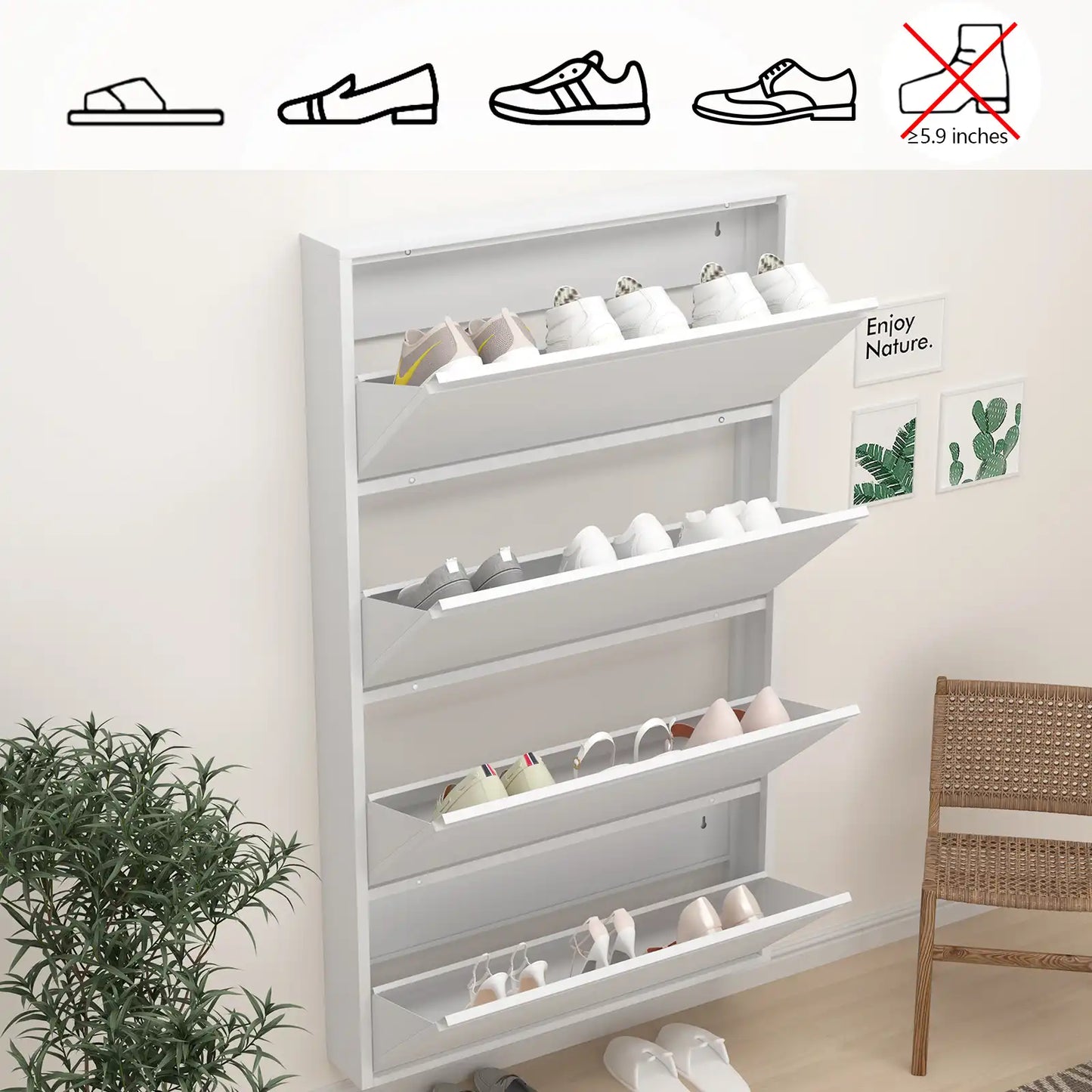 Wall Mount Metal Shoe Organizer for Entryway 24 #white #4 flip drawers