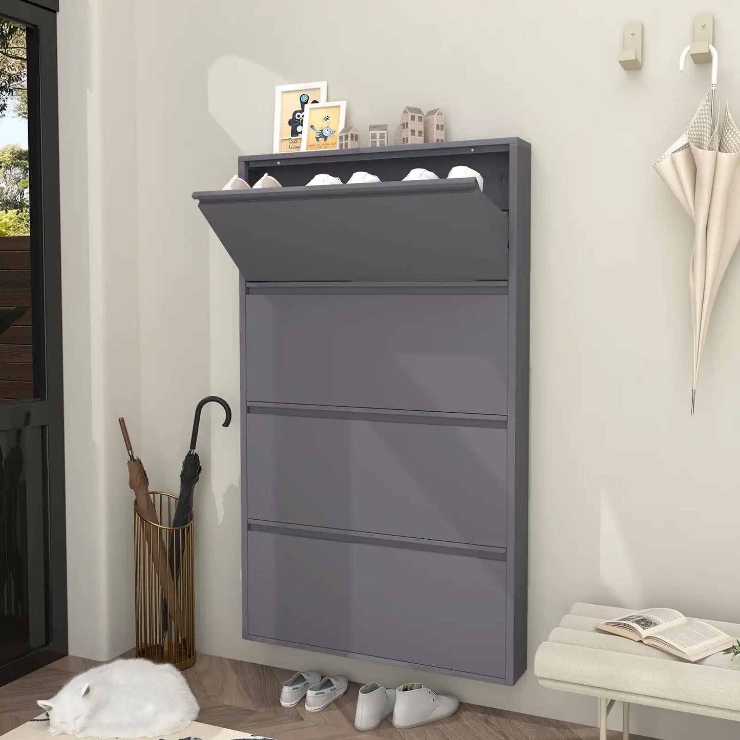 Wall Mount Metal Shoe Organizer for Entryway 3 #grey #4 flip drawers