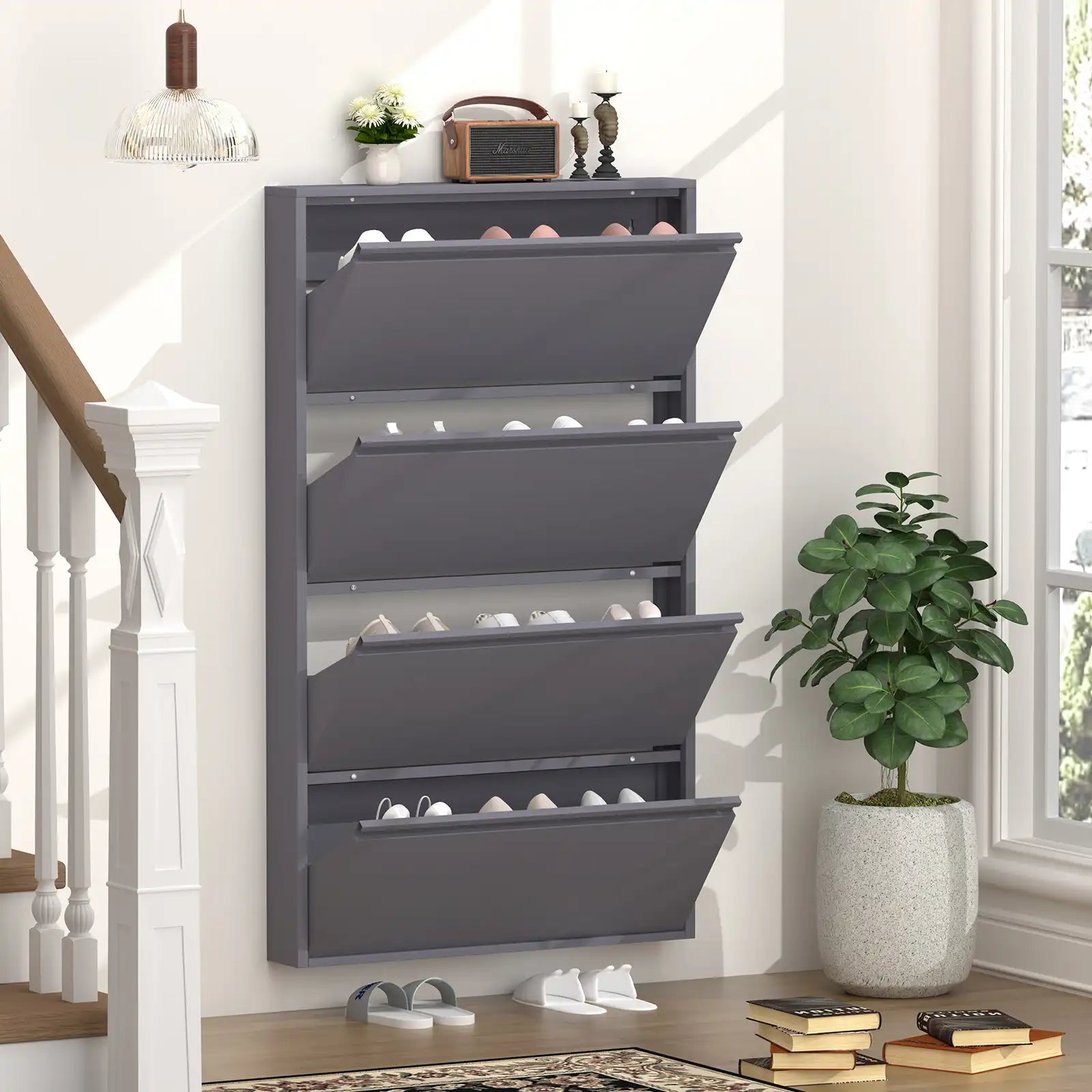 Wall Mount Metal Shoe Organizer for Entryway 4 flip drawers
