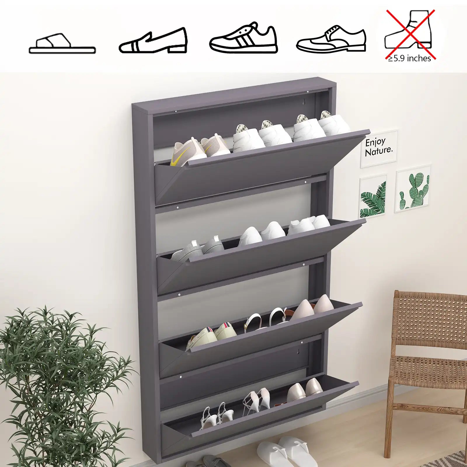 Wall Mount Metal Shoe Organizer for Entryway 6 flip drawers