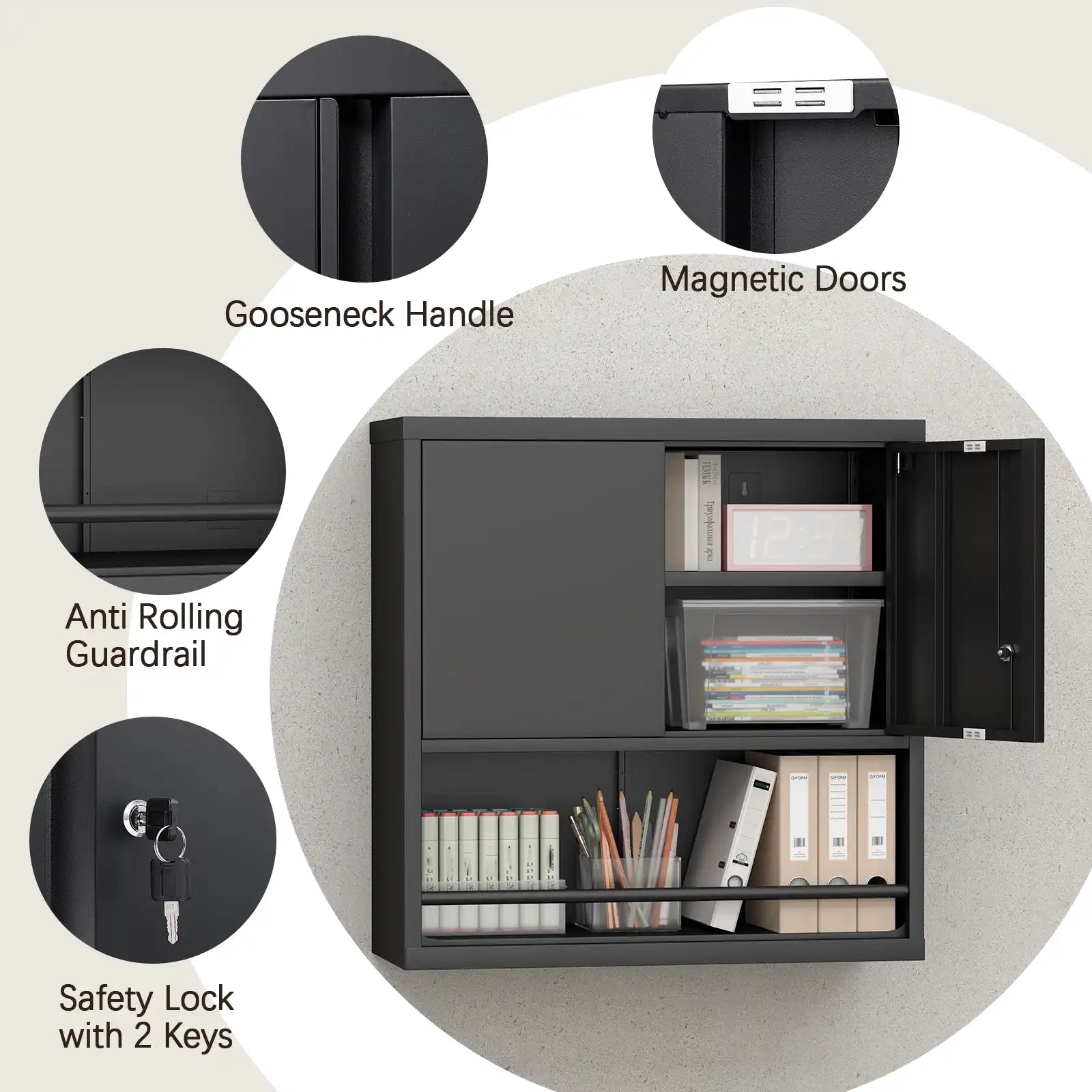 Wall Mounted Metal Storage Cabinet with Doors and Open Bottom Shelves Details