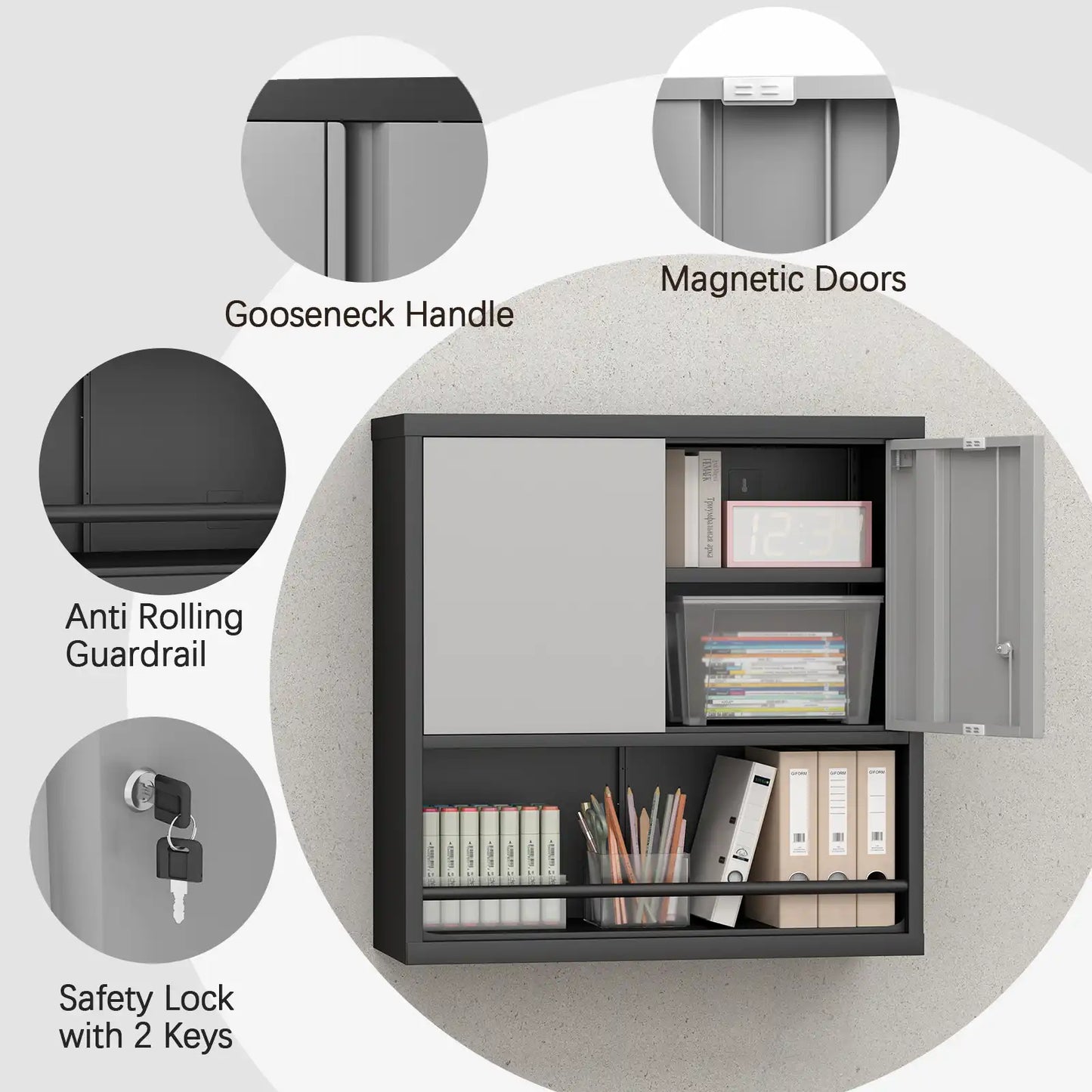 Wall Mounted Metal Storage Cabinet with Doors and Open Bottom Shelves Details #black&grey
