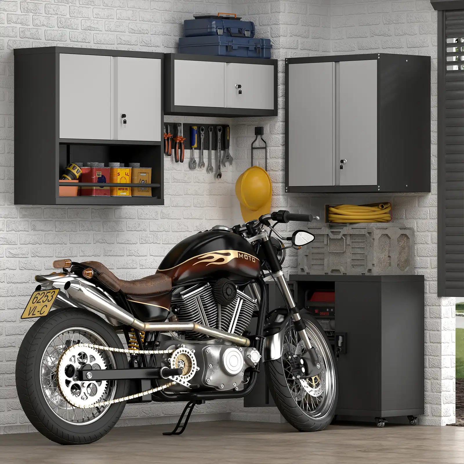 Wall Mounted Metal Storage Cabinet with Doors and Open Bottom Shelves Garage