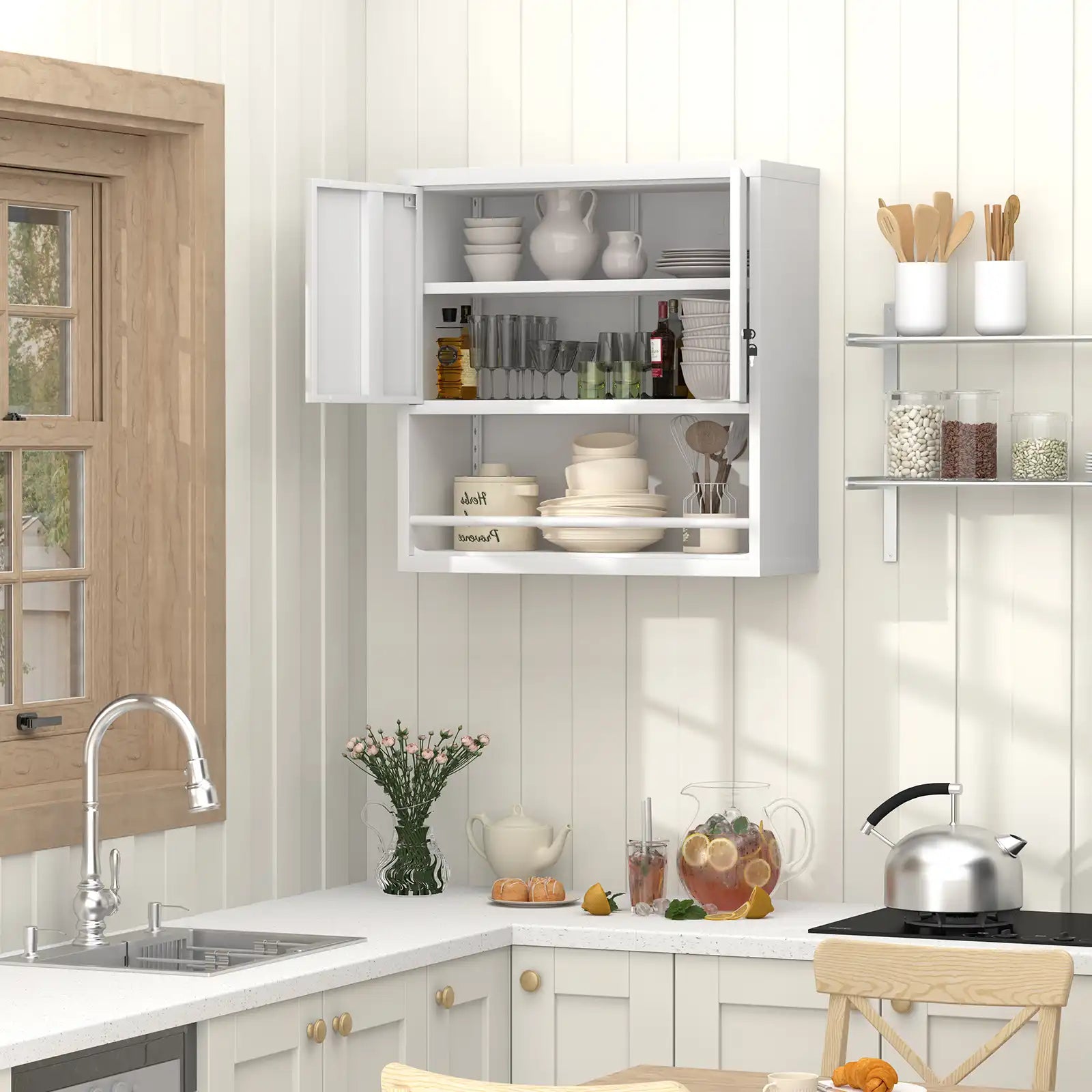 Wall Mounted Metal Storage Cabinet with Doors and Open Bottom Shelves Kitchen