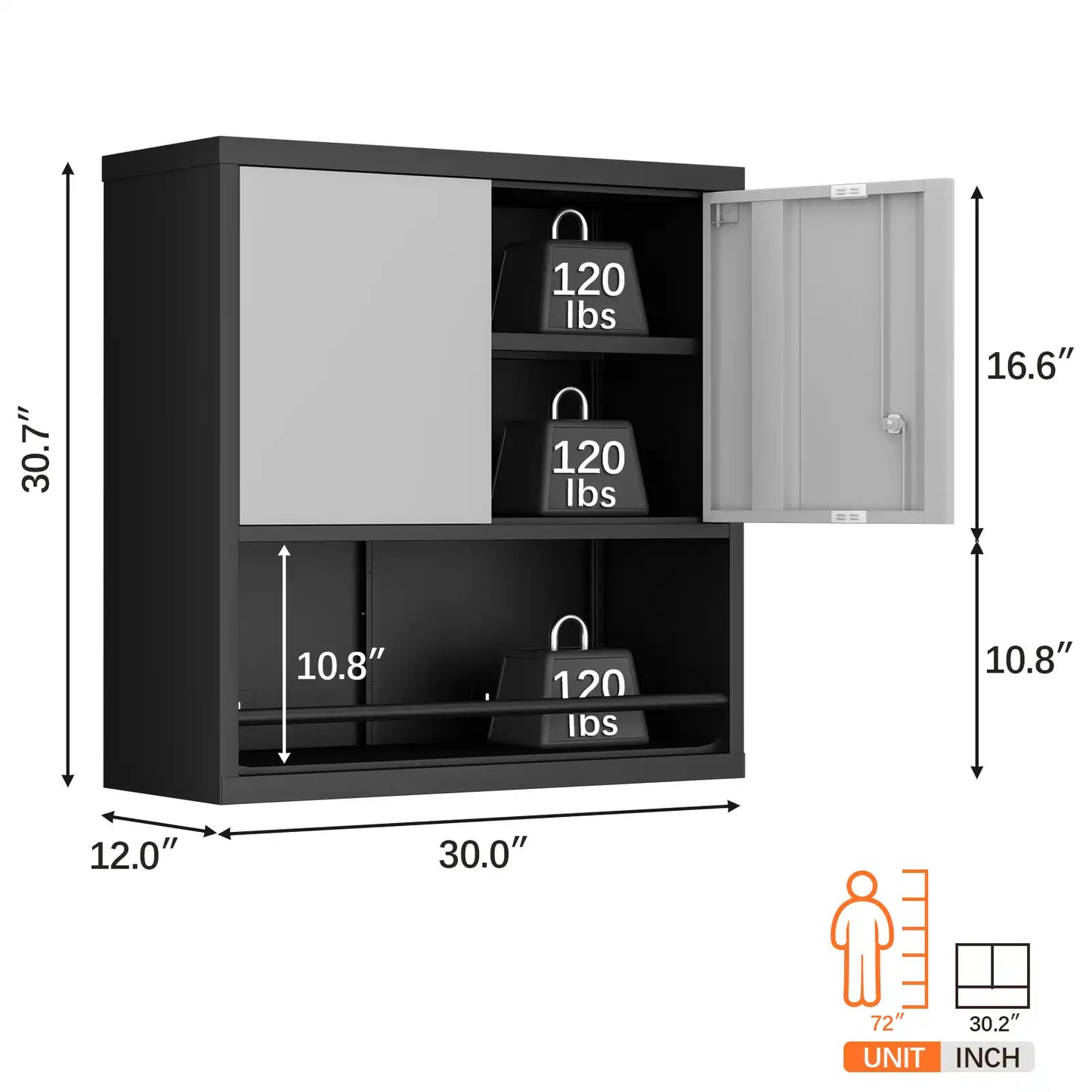 Wall Mounted Metal Storage Cabinet with Doors and Open Bottom Shelves Size #black&grey