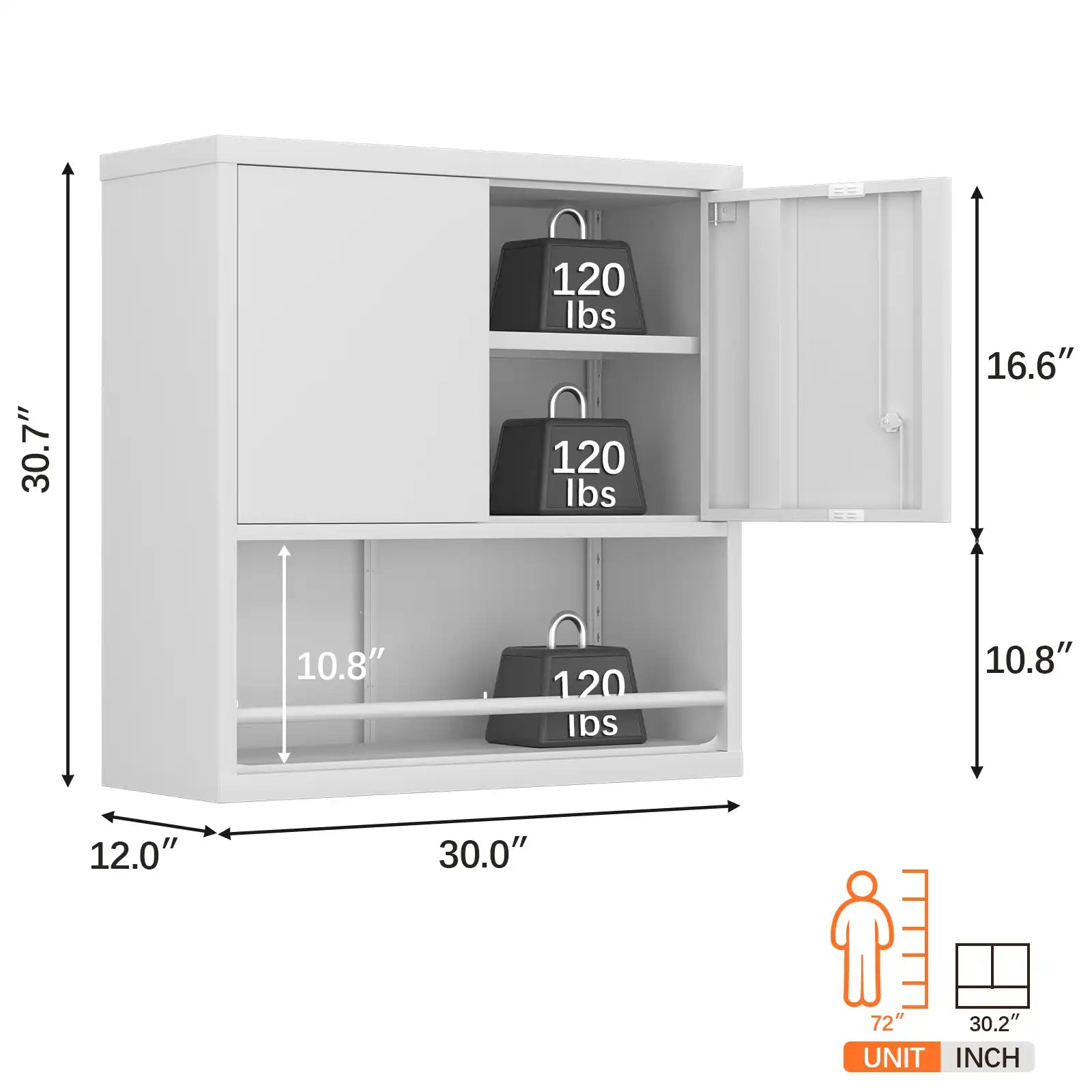 Wall Mounted Metal Storage Cabinet with Doors and Open Bottom Shelves Size