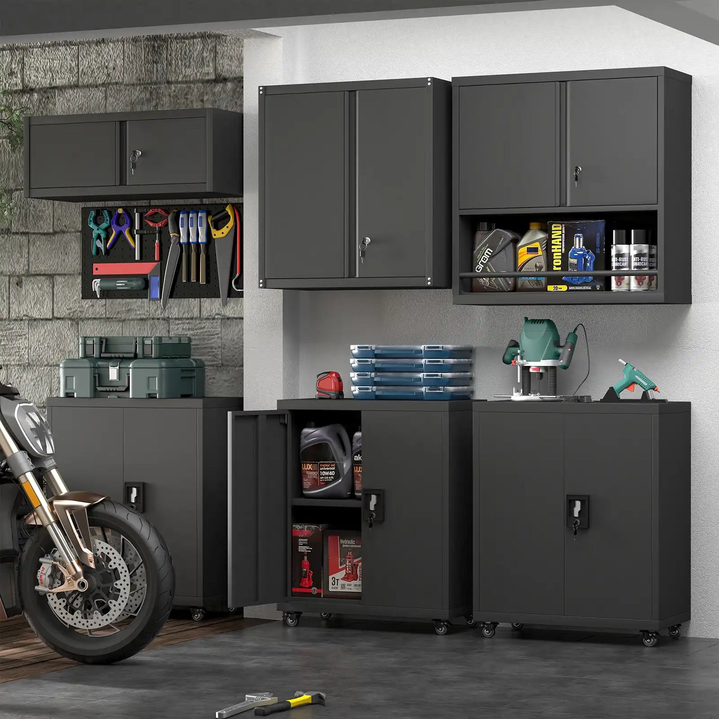 Wall Mounted Metal Storage Cabinet with Doors and Open Bottom Shelves Garage #black