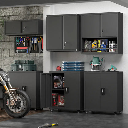 Wall Mounted Metal Storage Cabinet with Doors and Open Bottom Shelves Garage