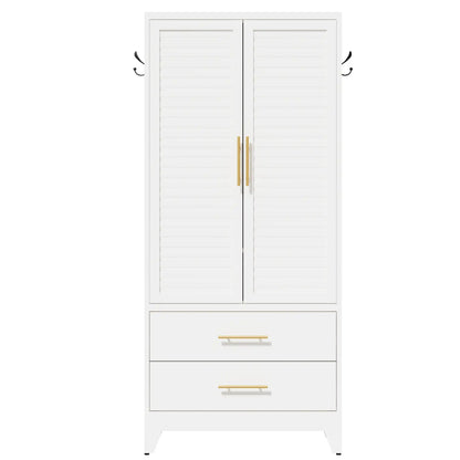 Greatmeet 71" H Metal Armoire Wardrobe Cabinet with Louvered Doors and Drawers