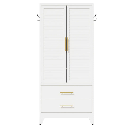 Greatmeet 71" H Metal Armoire Wardrobe Cabinet with Louvered Doors and Drawers