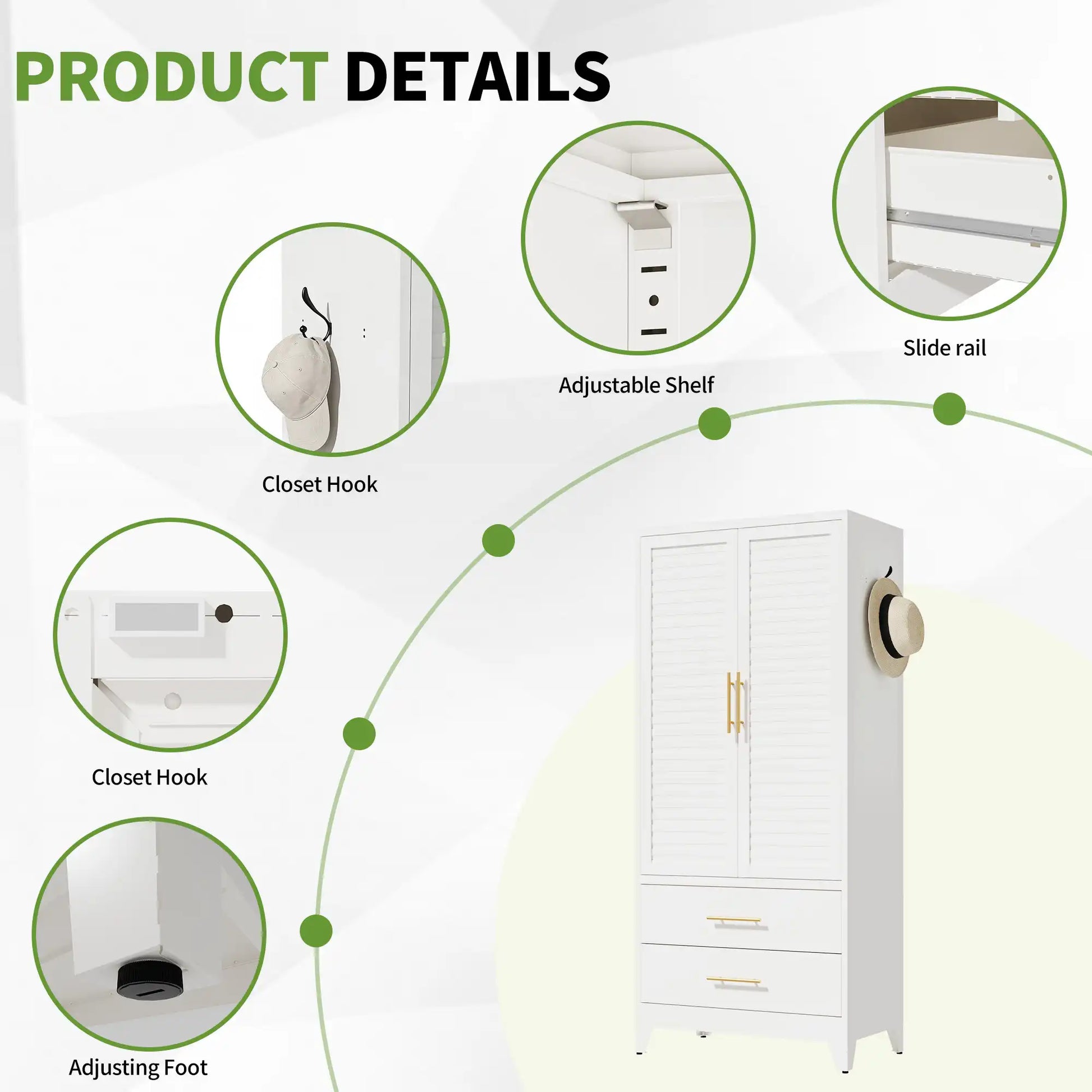 Greatmeet 71" H Metal Armoire Wardrobe Cabinet with Louvered Doors and Drawers