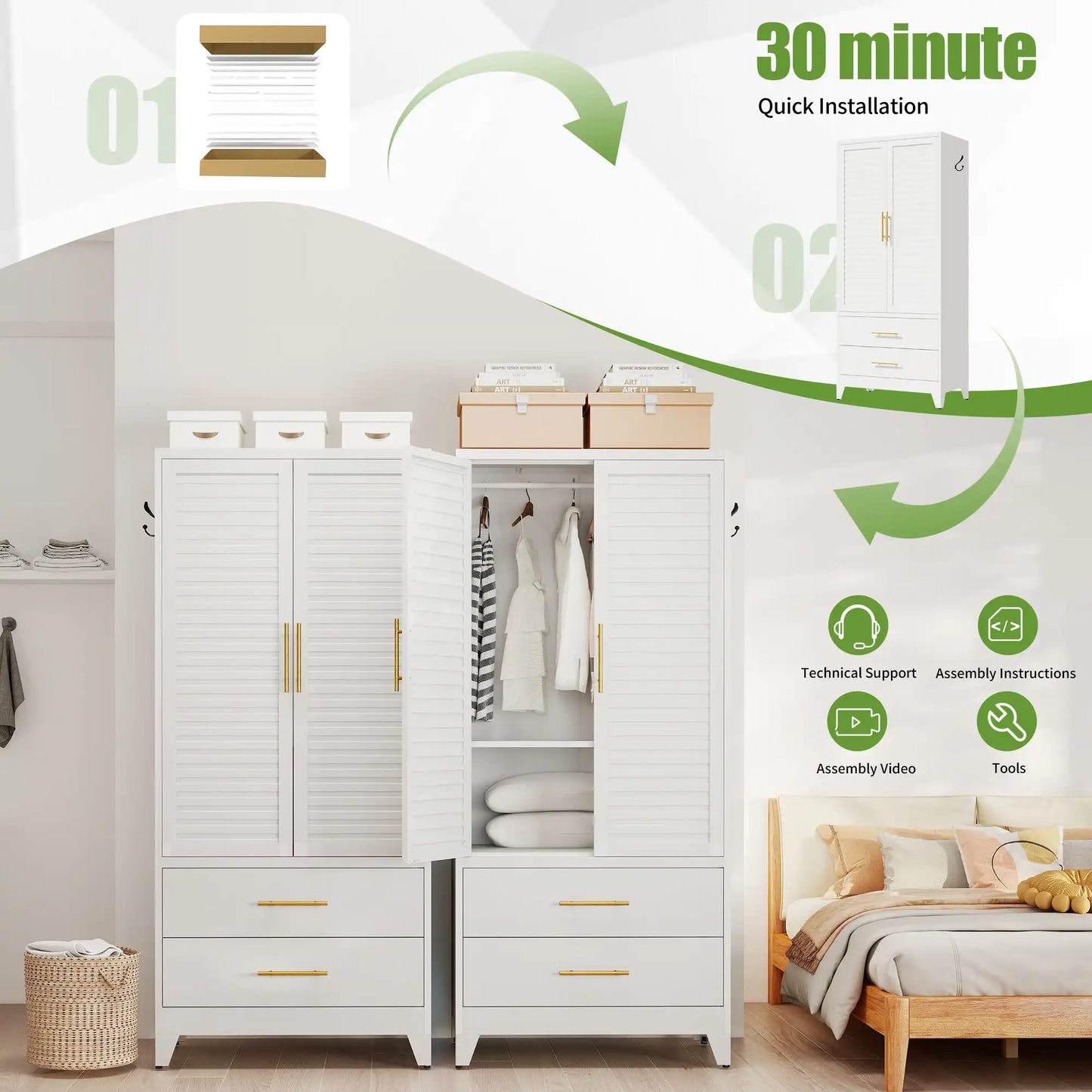 Greatmeet 71" H Metal Armoire Wardrobe Cabinet with Louvered Doors and Drawers