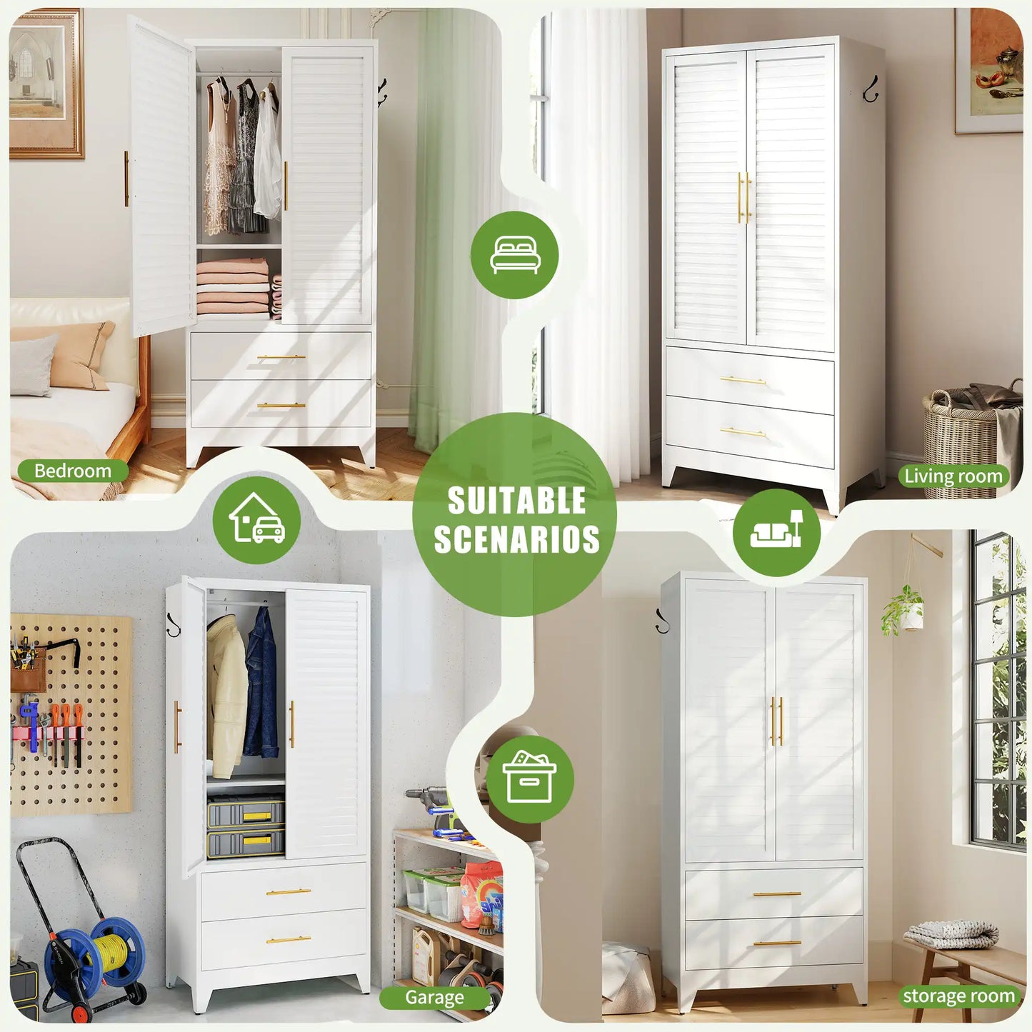 Greatmeet 71" H Metal Armoire Wardrobe Cabinet with Louvered Doors and Drawers