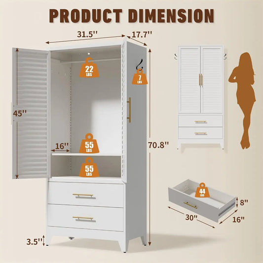Greatmeet 71" H Metal Armoire Wardrobe Cabinet with Louvered Doors and Drawers