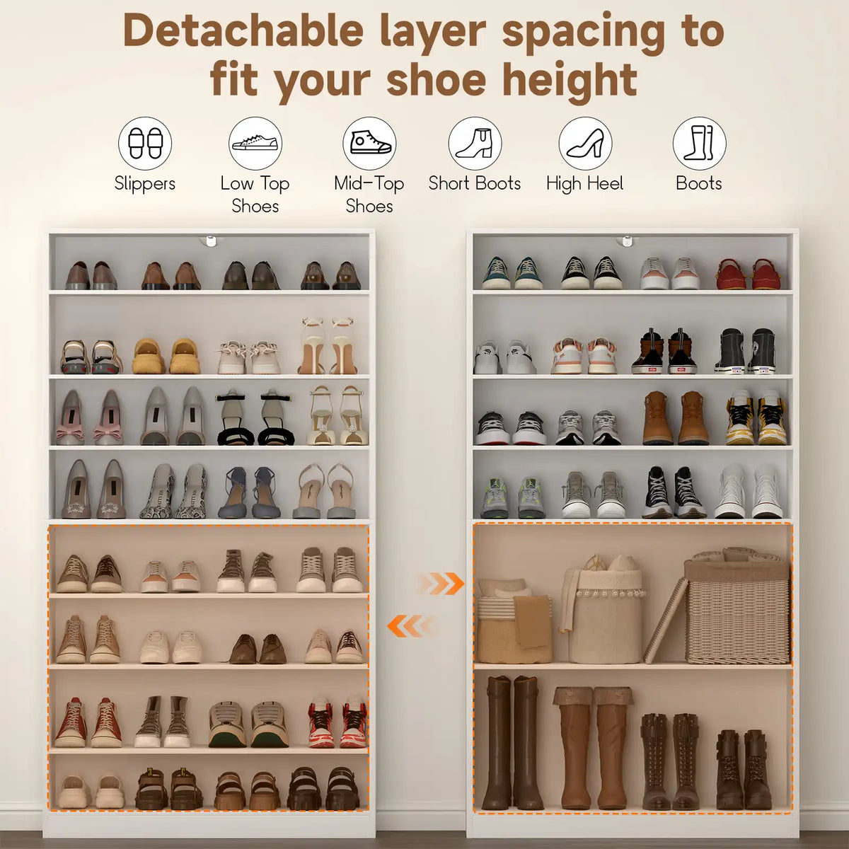 Close-up showing the adjustable and removable wooden shelves designed to fit high heels, sneakers, and tall boots.
