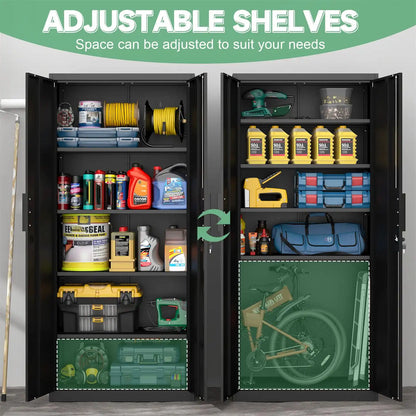 adjustable interior shelving holding heavy power tools motor oil and hardware containers with high load capacity